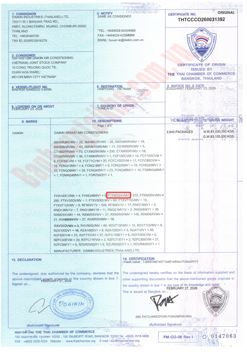 Chứng nhận xuất xứ CO Điều hòa Daikin FTKM25AVMV/RKM25AVMV