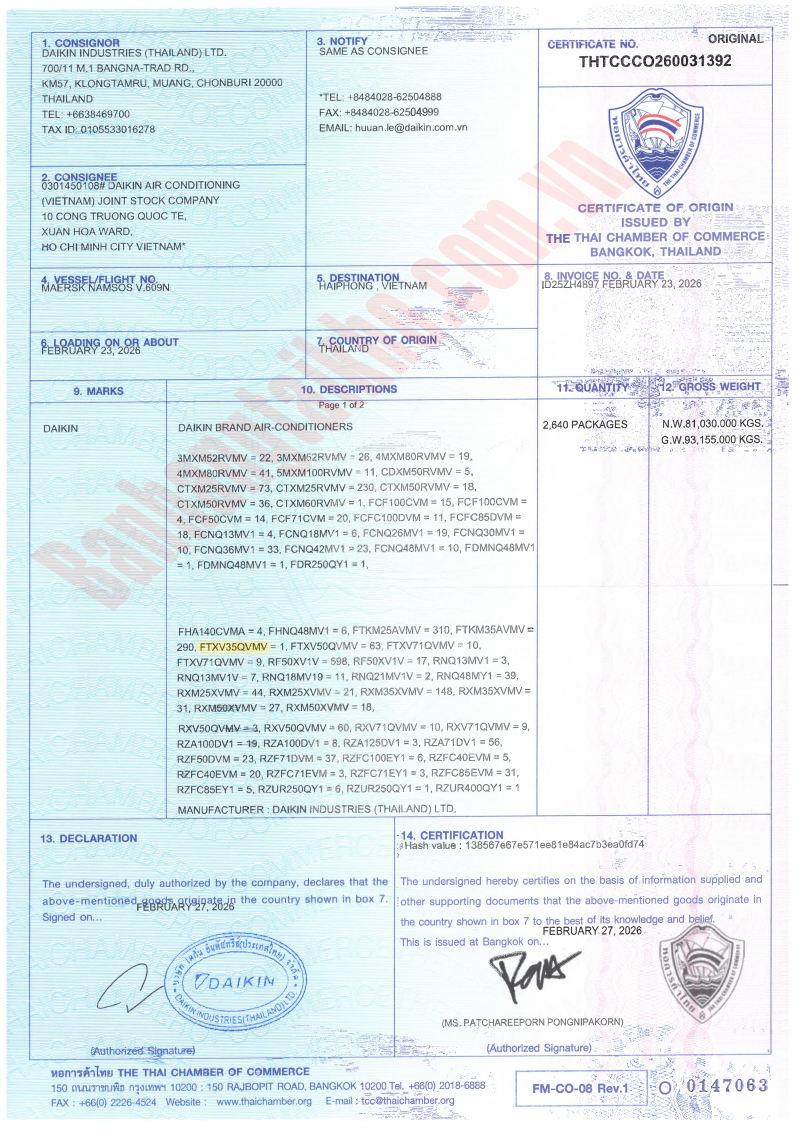 Chứng nhận xuất xứ CO điều hòa Daikin FTXV35QVMV/RXV35QVMV