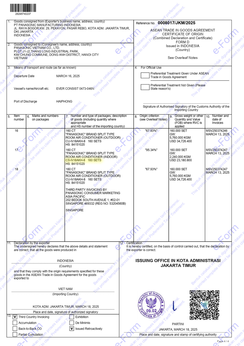 Chứng nhận xuất xứ điều hòa Panasonic N18AKH-8