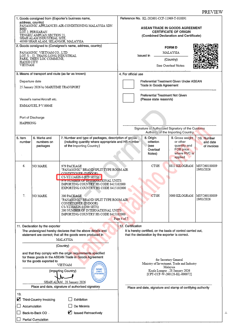 Chứng nhận xuất xứ điều hòa Panasonic YZ12AKH-8