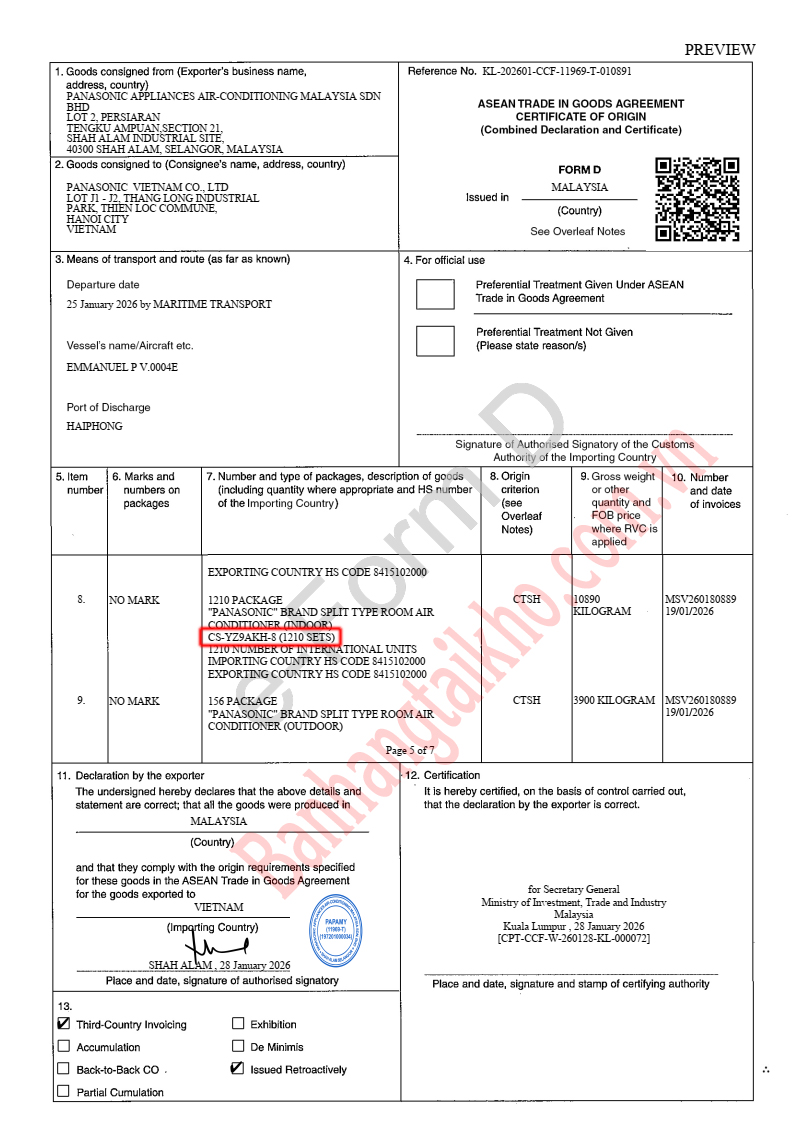 Chứng nhận xuất xứ điều hòa Panasonic YZ9AKH-8