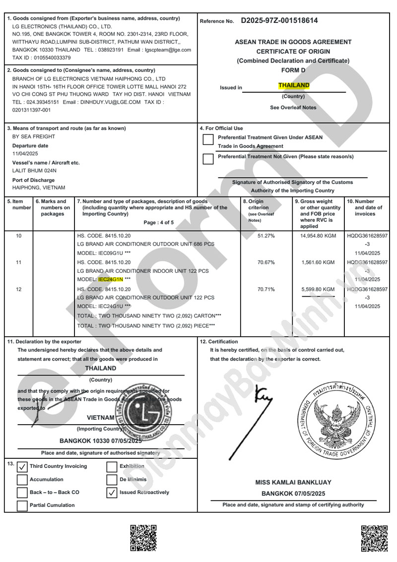 Xuất xứ CO điều hòa LG IEC24G1