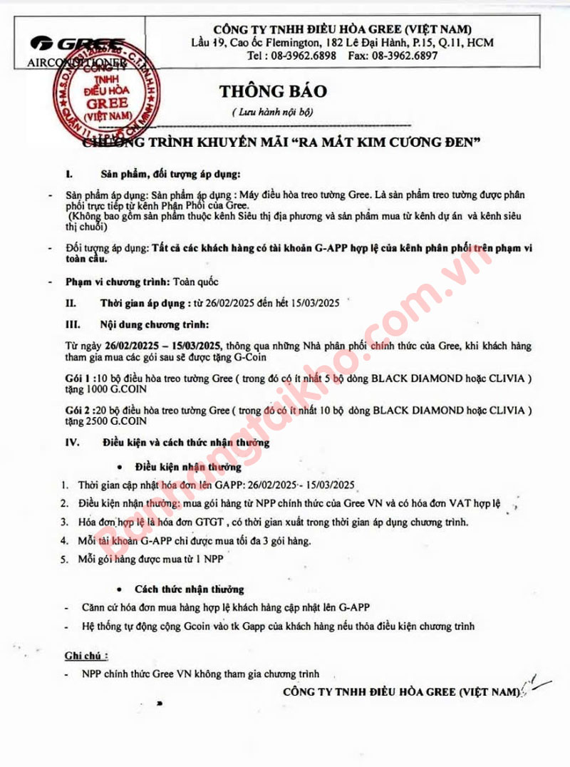 GREE- Thông báo Chương trình khuyến mại 