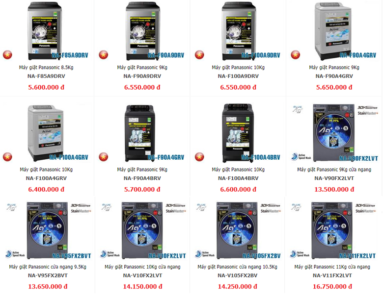 Máy giặt Panasonic đa dạng chủng loại, công suất với nhiều mức giá