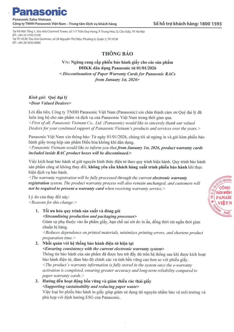 Panasonic ngừng phiếu bảo hành giấy điều hòa dân dụng từ 1/1/2026-1