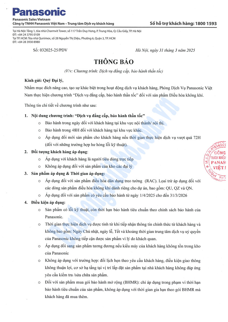 Panasonic thông báo chương trình: Dịch vụ ĐẲNG CẤP, bảo hành THẦN TỐC -1