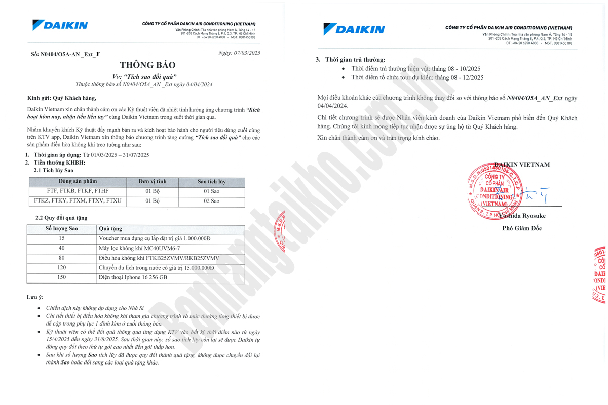 Tích SAO đổi quà điều hòa Daikin treo tường [1/3-31/7/2025]